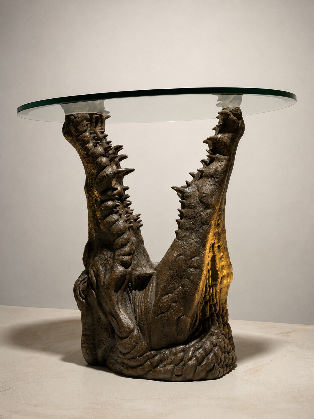 Luxury glass table with crocodile animal on a neutral background